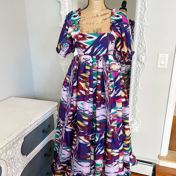 New York Couture *One of a Kind* Purple Print Puff Sleeve Maxi Dress - Picture 3 of 7